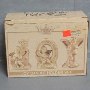 Crown Accents Joy Ceramic Candle Holder Set Angels Cherubs Gold Trimmed